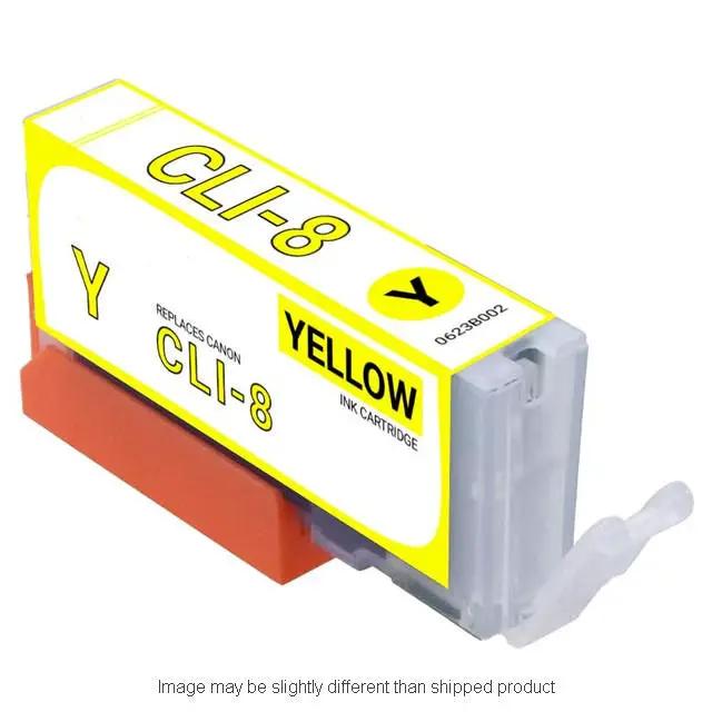 Canon CLI-8 Yellow ink cartridge for Canon printers; features bold CLI-8 label and yellow ink, slim plastic casing