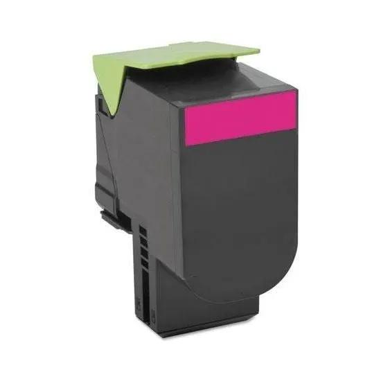 Lexmark 78C1XM0 magenta toner cartridge with gray body and lime-green protective tab.