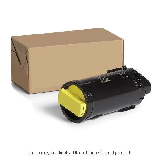 Xerox 106R03868 Yellow toner cartridge with bright yellow end cap beside a brown shipping box